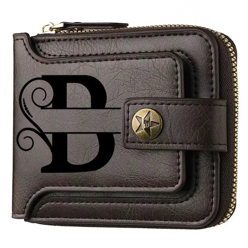 Personalized PU leather chain short wallet for men, brown bifold with zip-around and front monogram