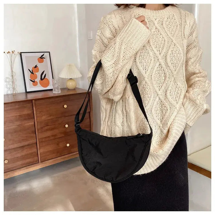 Casual nylon hobo crossbody bag for women, black with adjustable strap and large-capacity tote