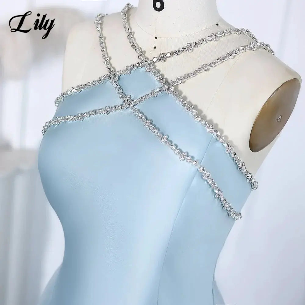 Lily Light Blue Prom Dress With Shiny Beading Halter Detachable Train