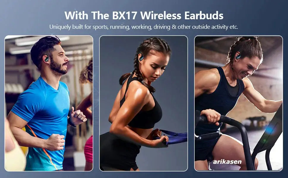 Simples Market BX17 wireless earbuds for sports with Bluetooth 5.3, LED display, IPX6, three pairs shown