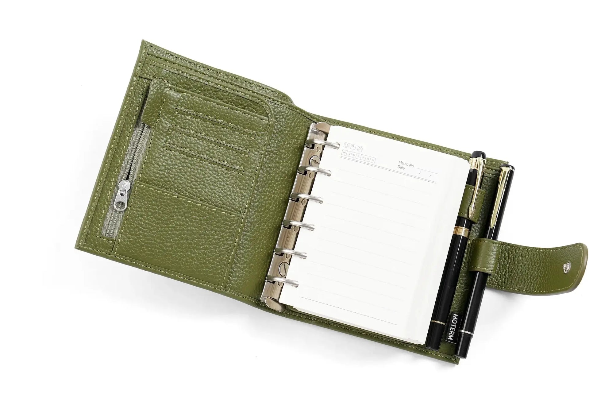Moterm Luxe 2.0 olive green pebbled leather pocket-size planner with 30mm rings and two pens