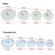Simples Market round leakage-proof sink plug set, white and transparent, 9 pieces with varied diameters.