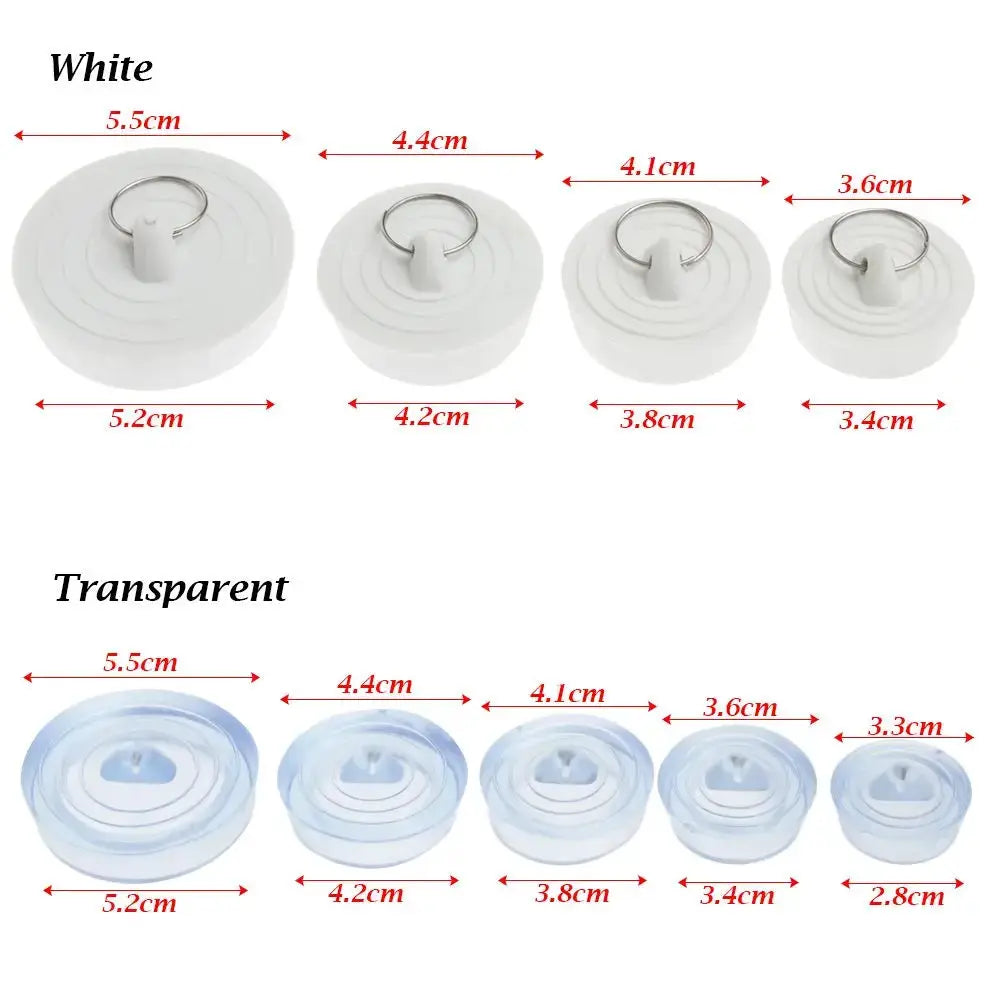Simples Market round leakage-proof sink plug set, white and transparent, 9 pieces with varied diameters.