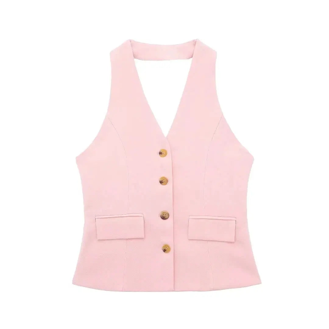 HH Women Pant Suit Set Halter Vest Blazer Top Zipper Pants Office Lady