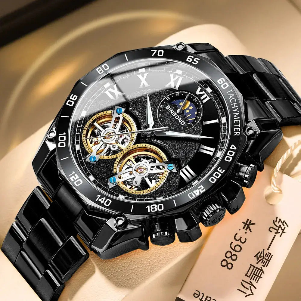 BINBOND luxury men's quartz watch with black stainless steel bracelet, skeleton dial and tachymeter bezel