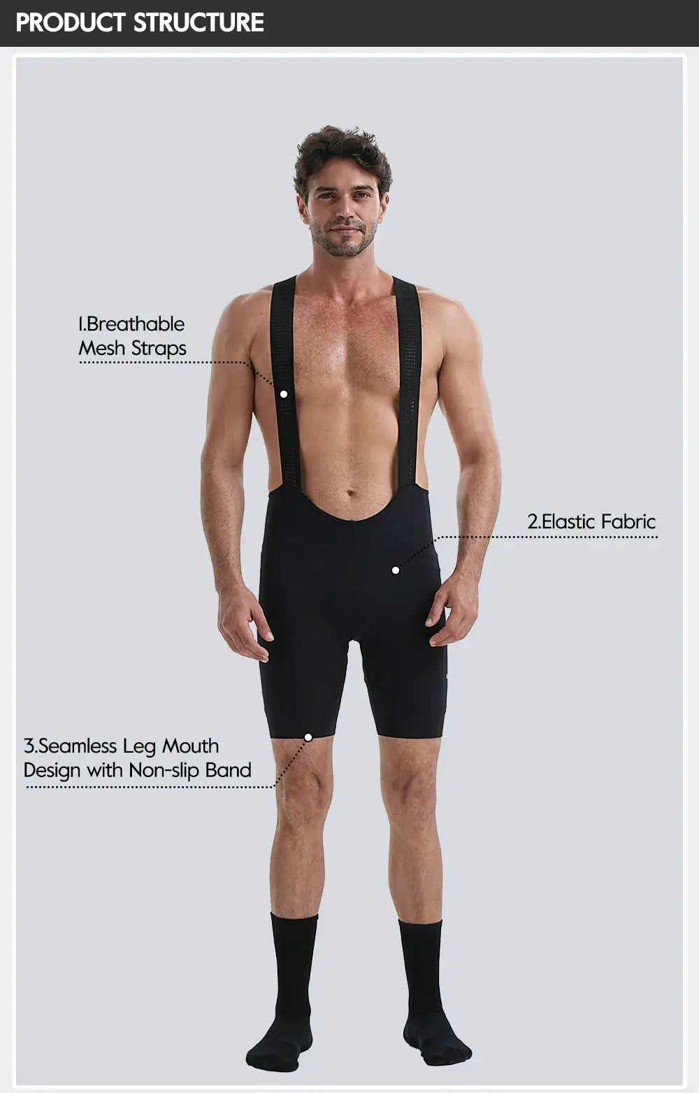 Men's black padded cycling bib shorts with breathable mesh straps.