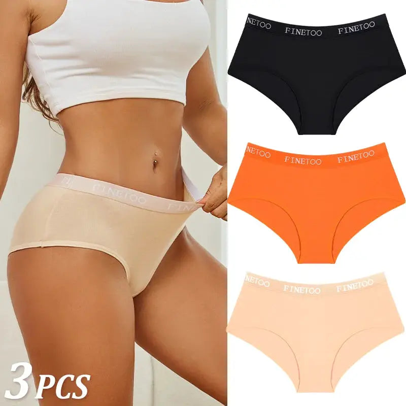 3Pcs women's cotton briefs with FINETOO waistband; beige pair on model with black, orange and peach options.