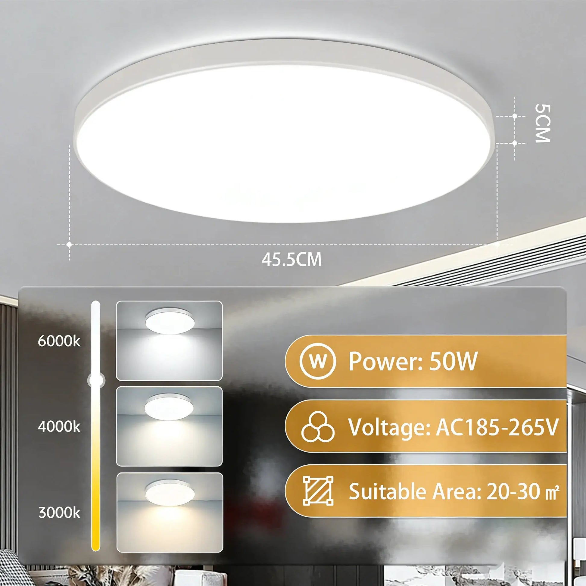 Simples Market golden LED ceiling lamp; round flush-mount indoor panel, 45.5 cm diameter.