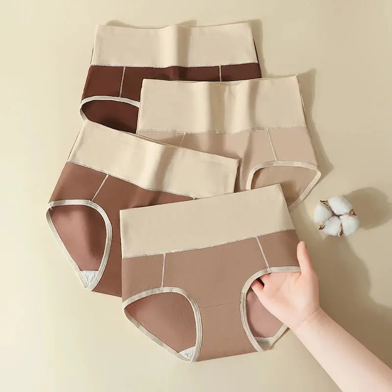 4-pack high-waist women's breathable cotton panties in beige, cream and brown tones