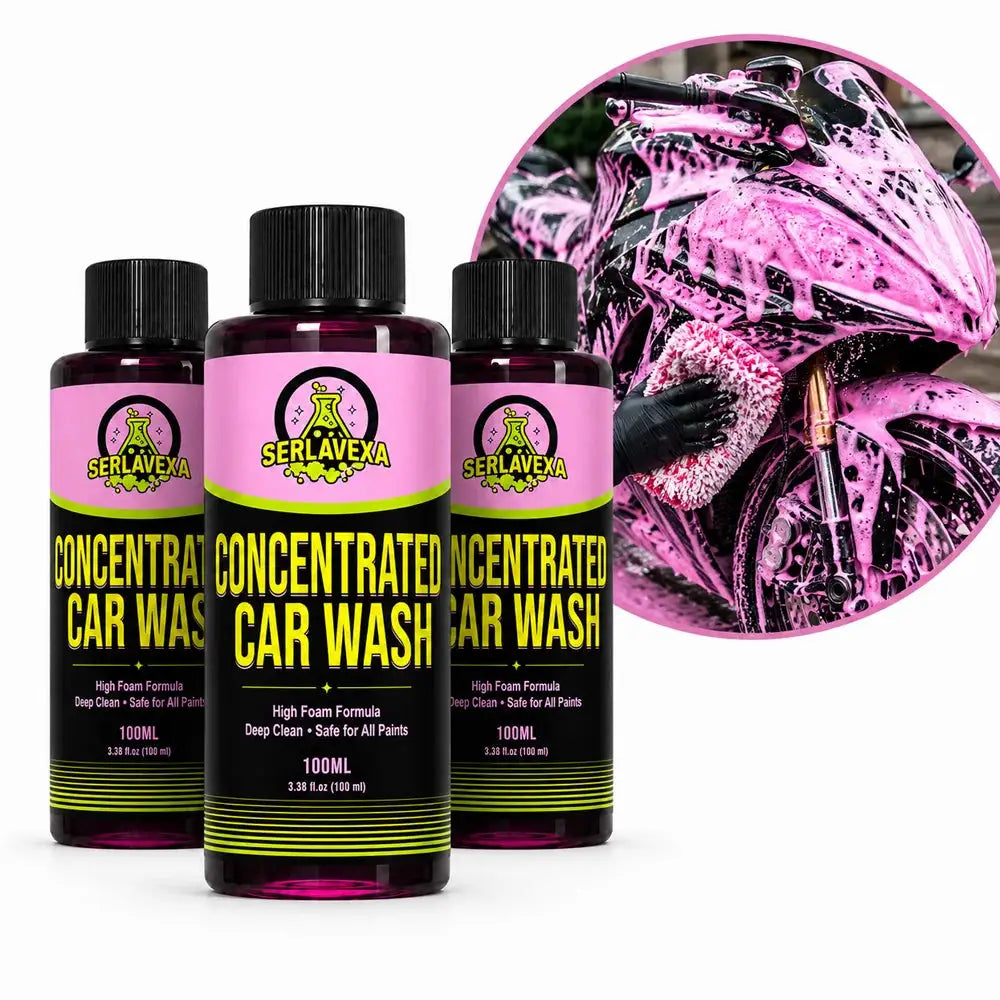 SERLAVEXA car wash concentrate bottles by Simples Market, 3 × 100ml, pink high-foam cleaner for car paint and wheels.