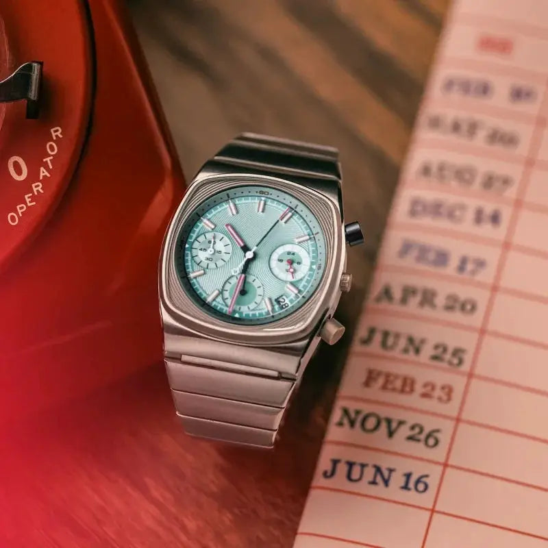 CILOA men's square quartz watch with turquoise dial and stainless steel bracelet