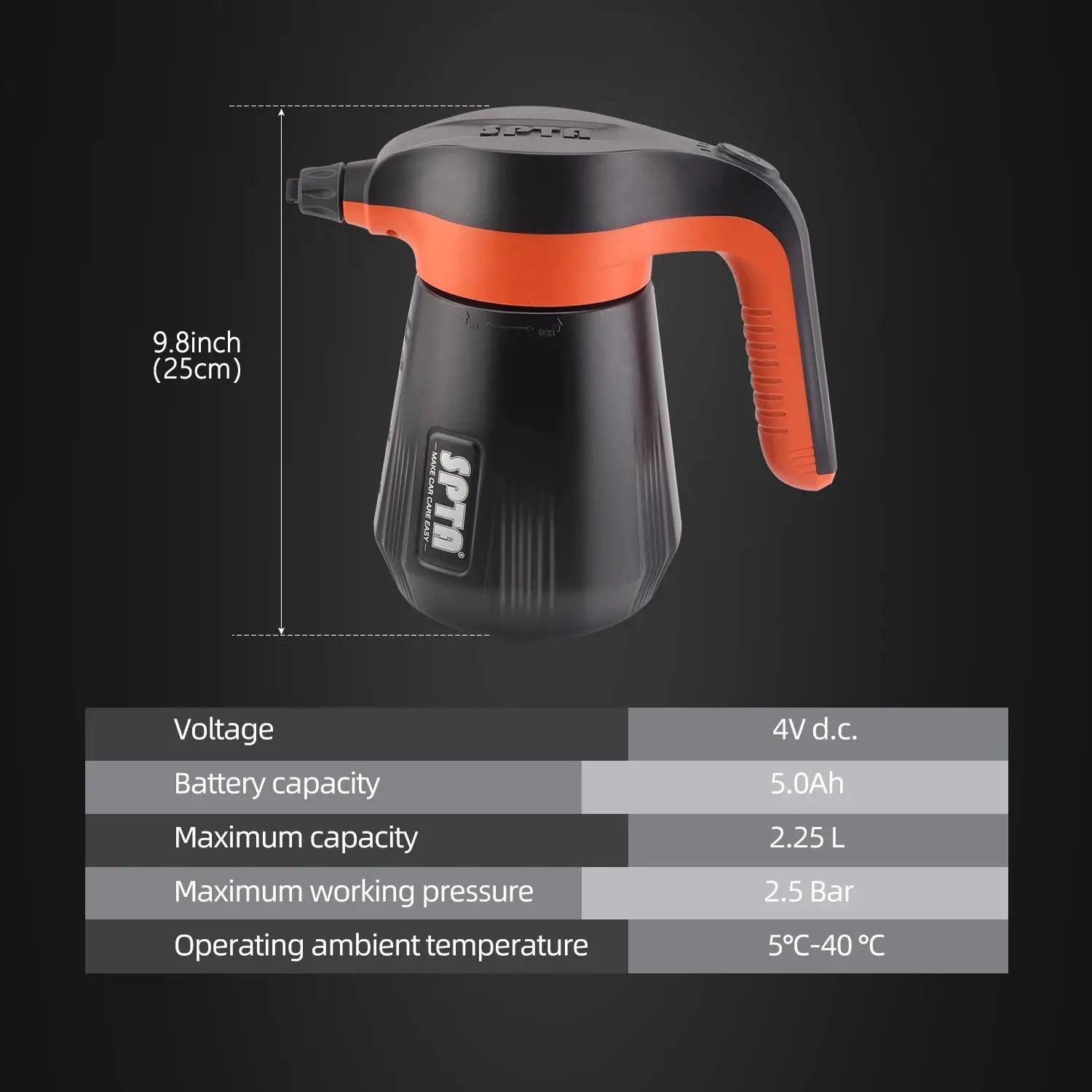 SPTA cordless foam sprayer for car cleaning, 2.25L, black and orange