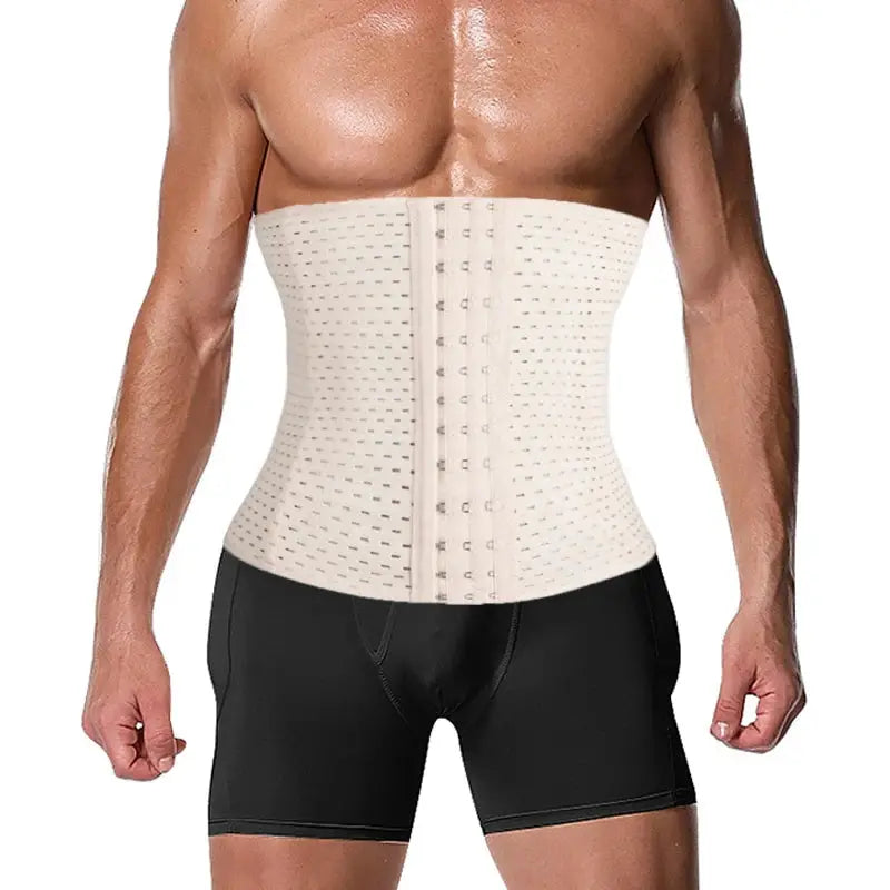 Waist trainer corset for men in beige with front-hook closures, high-compression abdomen shaper by Simples Market