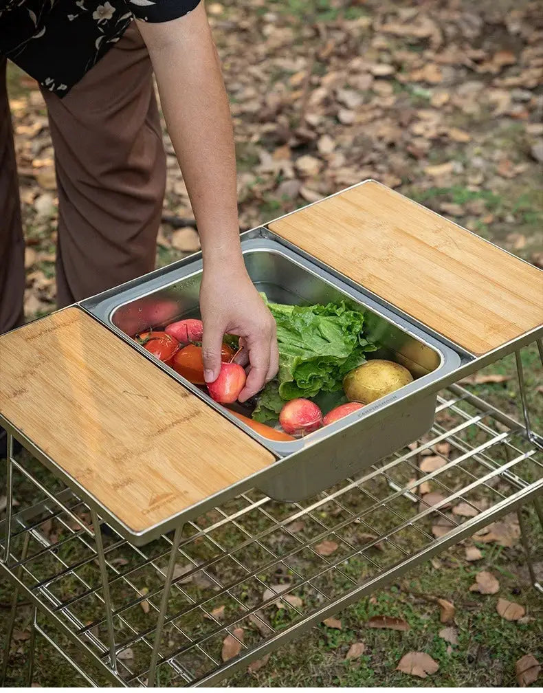 CAMPINGMOON IGT One Unit Sink by Simples Market, stainless steel with wooden lids, outdoor camping dishwashing basin