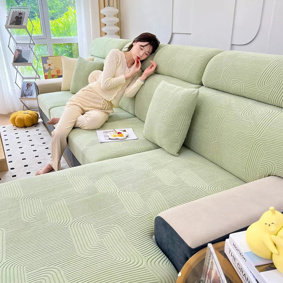 Sofa seat cushion covers set in mint green jacquard stretch fabric by Simples Market; removable, washable.
