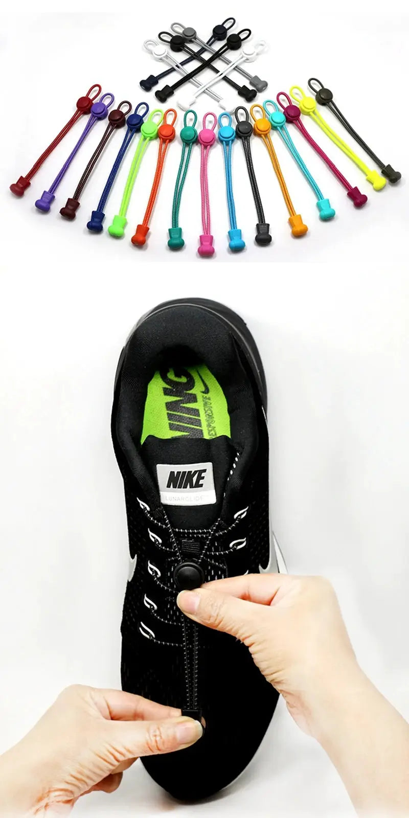 Elastic no-tie shoelaces with locking toggles in a colorful set for sneakers; Nike sneaker pictured