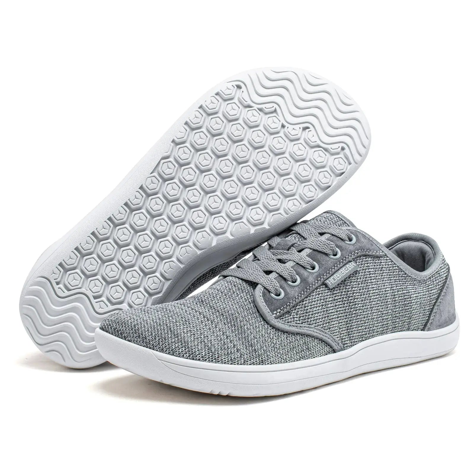 HOBIBEAR minimalist barefoot sneakers, pair, unisex wide width, grey knit upper with white sole
