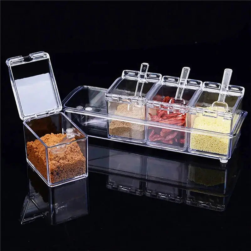 4 Pack Transparent Acrylic Spice Storage Boxes With Lids And Spoons For Kitchen Organization And Dry Goods