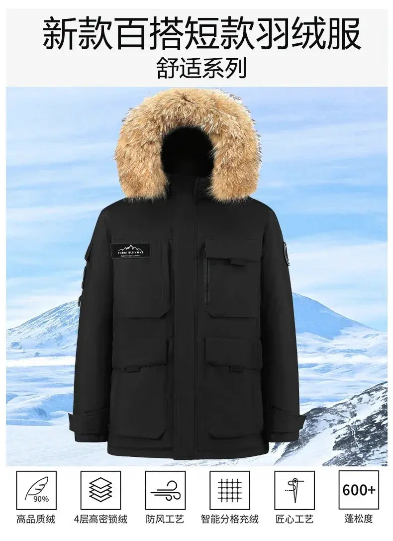 Simples Market men's black waterproof hooded parka with fur collar and duck-down insulation