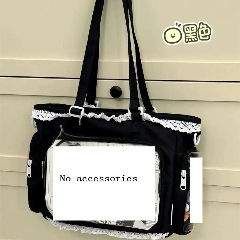 Simples Market Ballet Girl Large Appetite Itabag black crossbody bag with white lace trim and clear front pocket