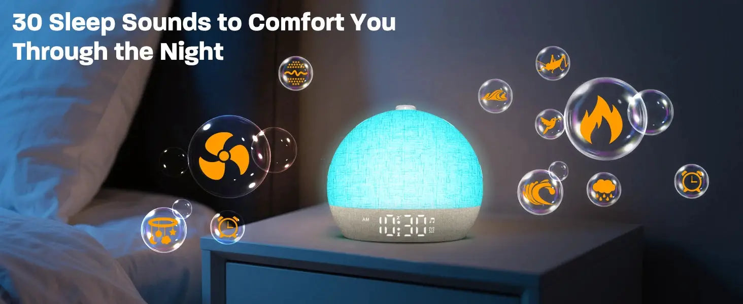 Wake Up Light Sunrise Alarm Clock by Simples Market with blue RGB night light and 30 white-noise sounds