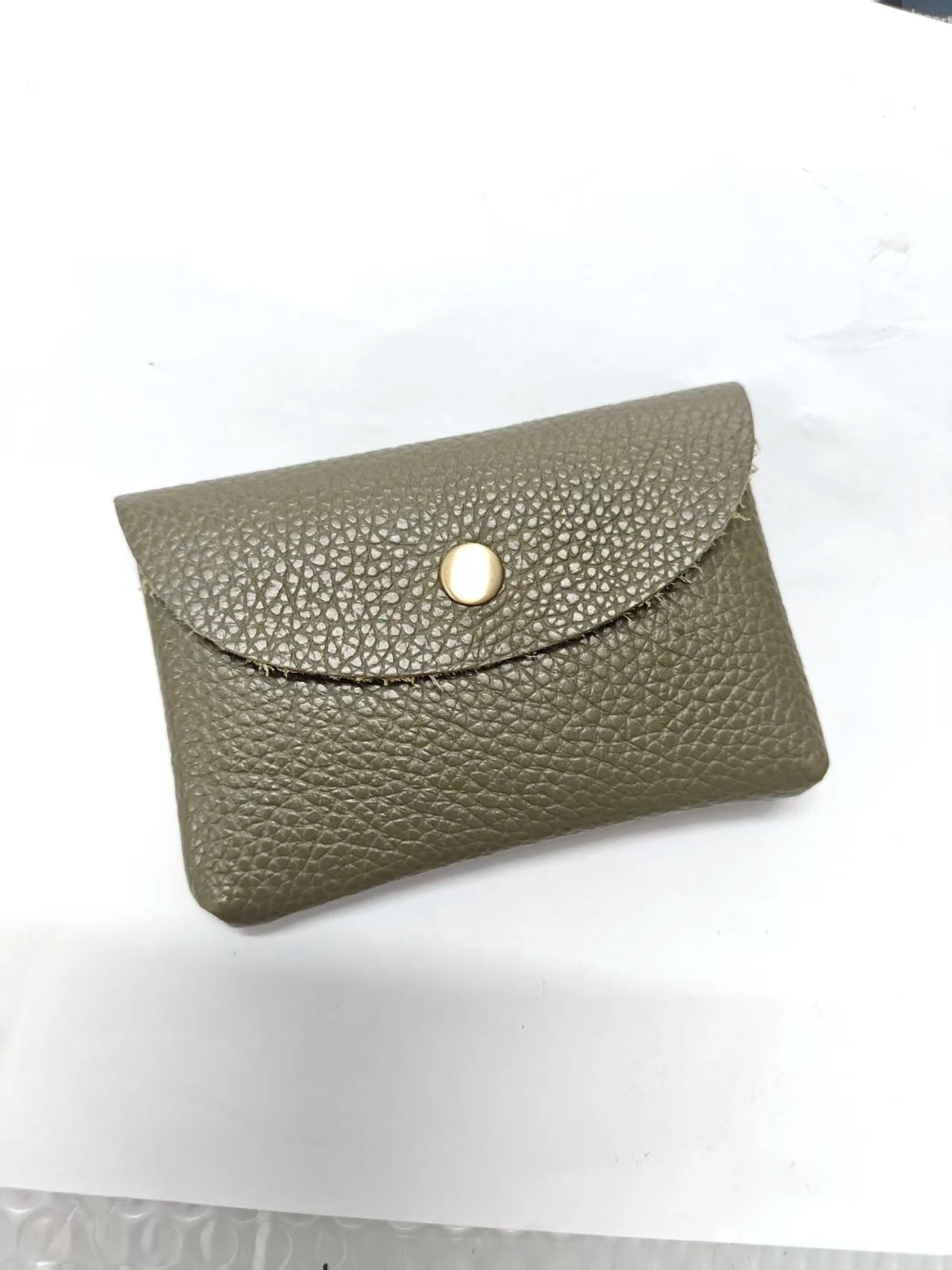 Genuine leather card holder, olive green soft cowhide envelope-style mini wallet with gold snap button
