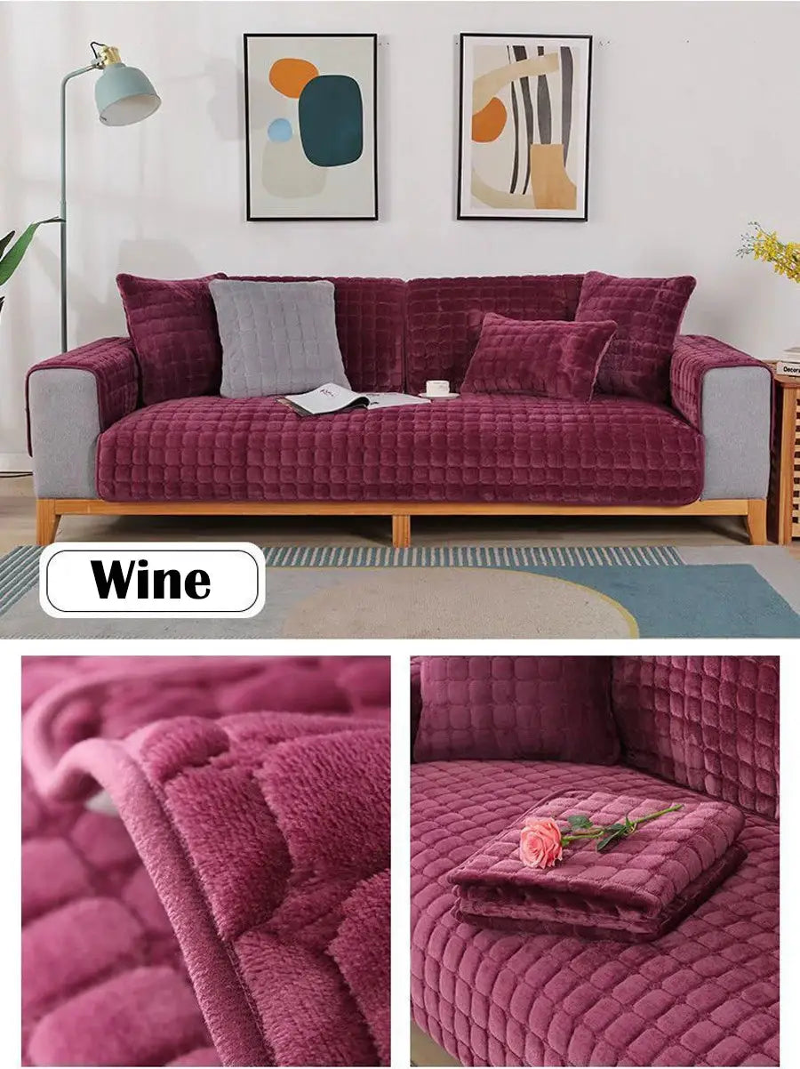 Velvet sofa cover in wine plaid plush fabric; universal fit, non-slip, thickened warm flannel, by Simples Market