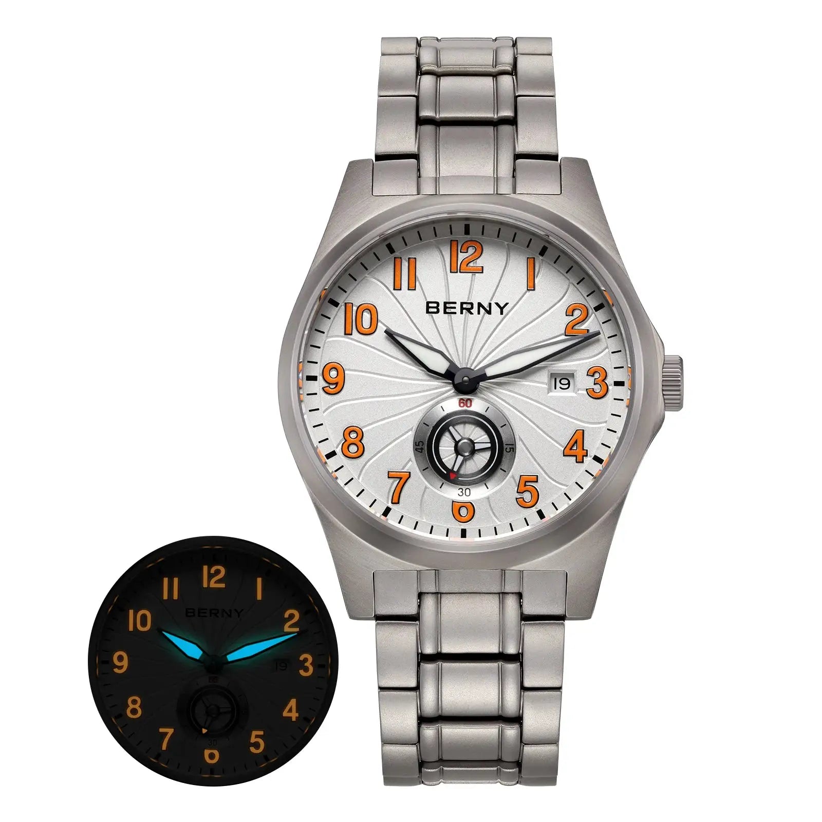 BERNY titanium automatic men's watch with silver steel bracelet and orange numerals; black version shown (2 watches)