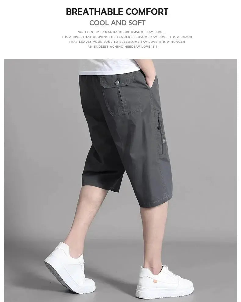 Men's cotton cargo shorts in charcoal gray, knee-length with zippered side pocket