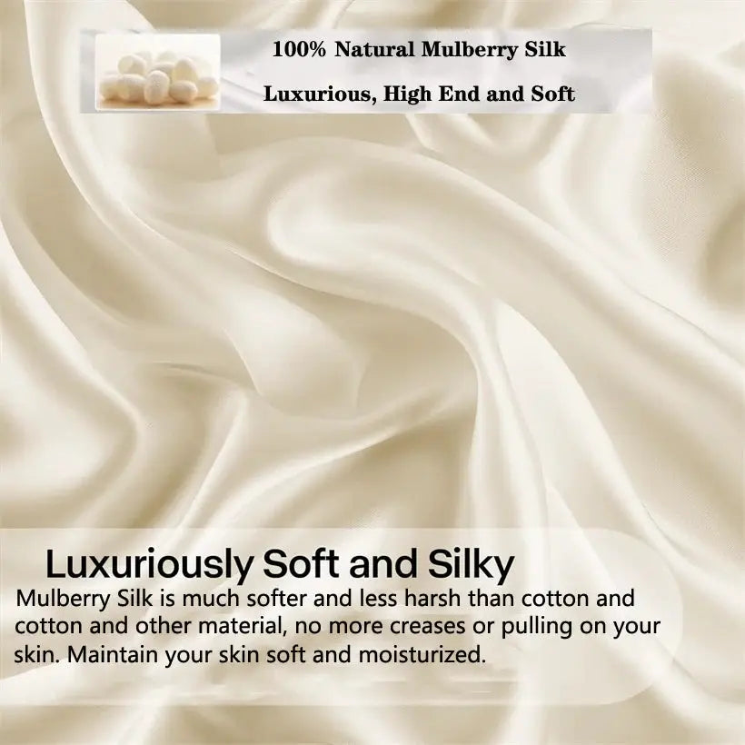 Mulberry silk bedding set by Simples Market; 100% natural silk duvet cover with sheets and pillowcases in ivory.