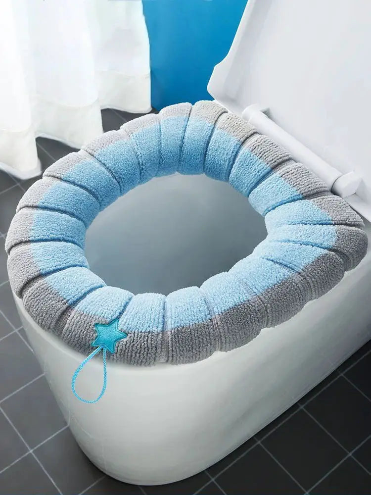 Thicker toilet seat warmer cover pad, soft, stretchy cushion in gray and blue stripes with star pull loop