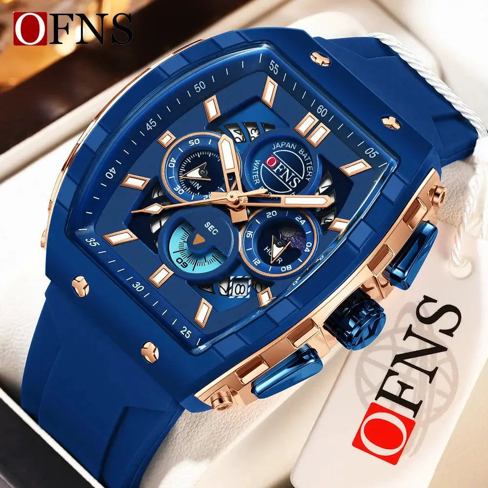 OFNS Mens Quartz Watch Waterproof Chronograph With Luminous Display And Silicone Strap Outdoor Luxury