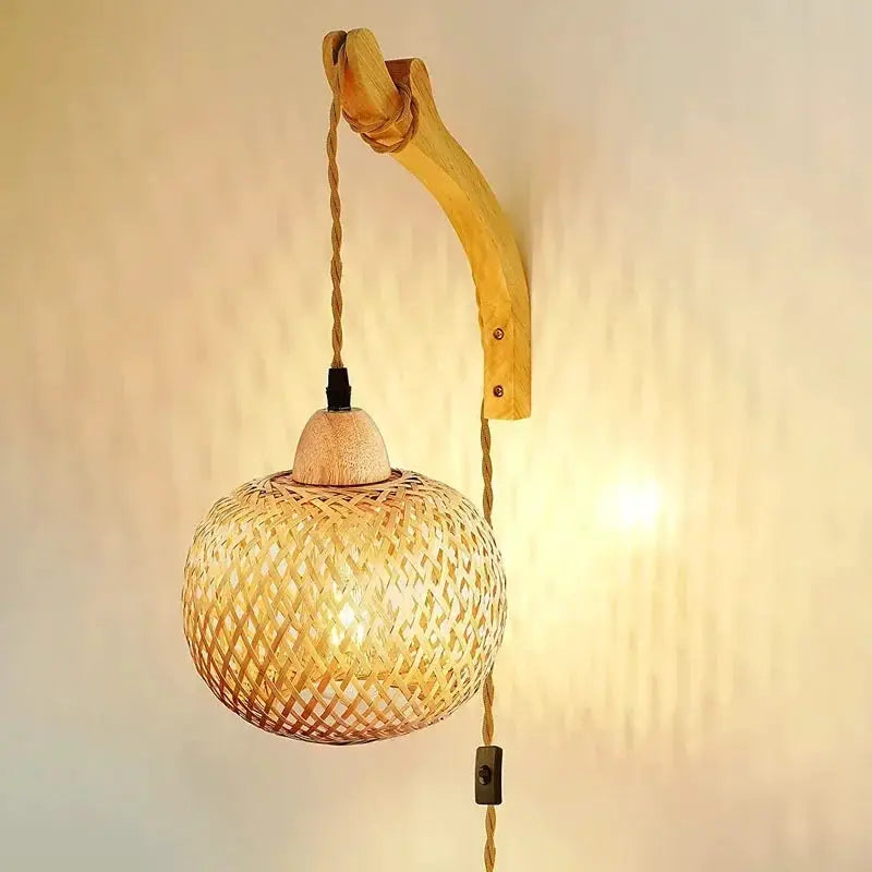 Bamboo lantern wall lamp with natural rattan wicker sphere and hand-woven shade, E27 compatible