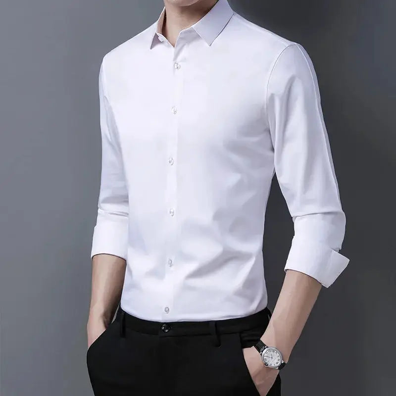 Men's white long-sleeve dress shirt by Simples Market, solid color, button-down