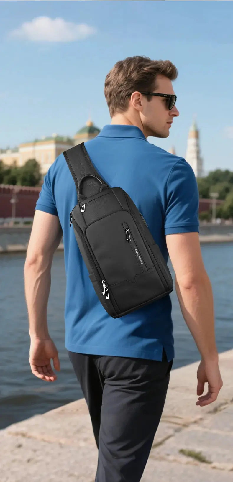 HK Anti-theft men's crossbody sling bag by Simples Market, black waterproof Oxford with multiple pockets