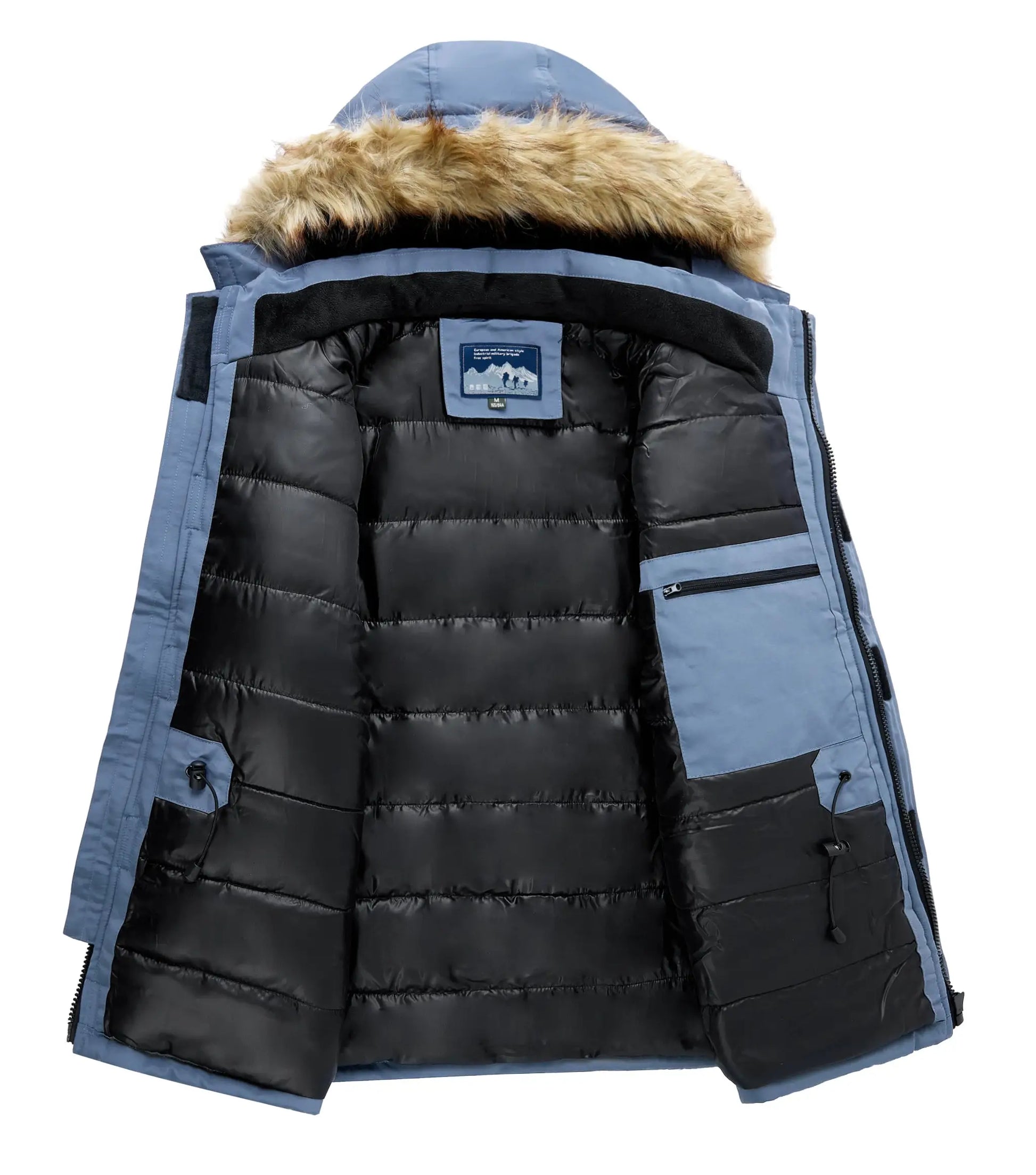 Simples Market men's blue and black mid-length down parka with fur-trimmed hood