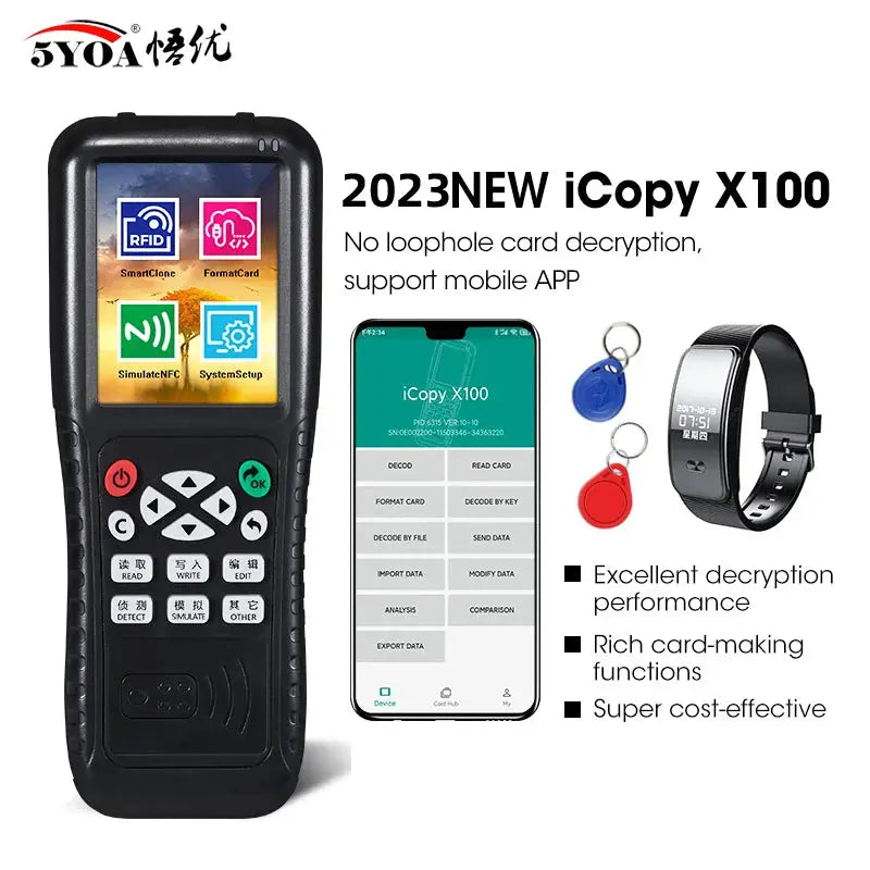 Simples Market iCopy X100 NFC card reader/writer handheld device; black with color touchscreen and mobile app screenshot