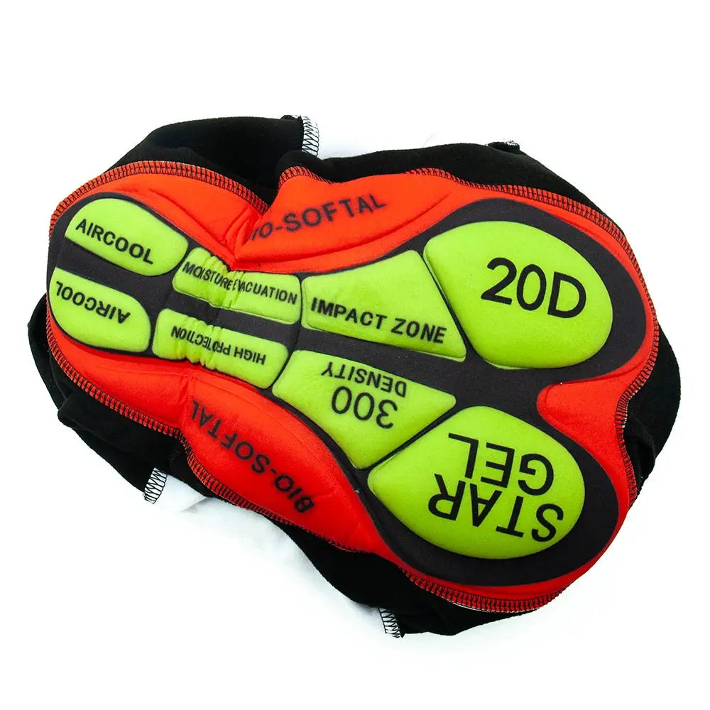 Red and black cycling shoe insoles with neon green gel pads and bold text