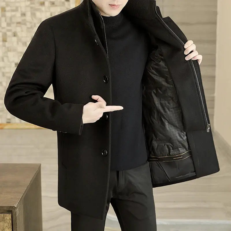 Simples Market men's long wool coat in black with removable thickened down inner liner, button front