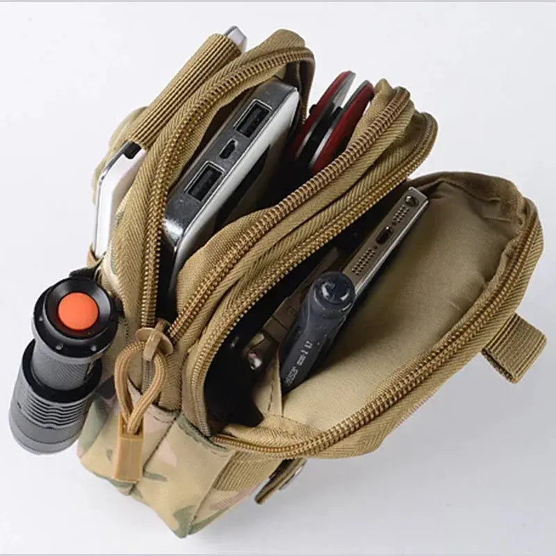 Tactical leg bag fanny pack by Simples Market with multiple compartments, tan camouflage fabric