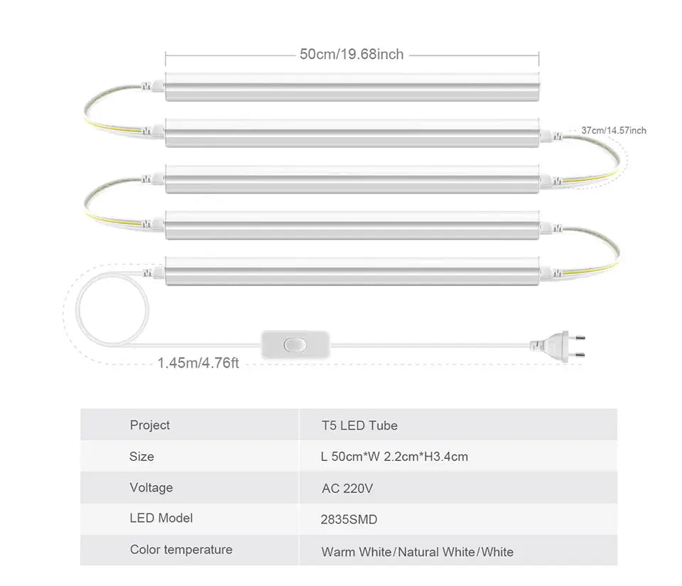Simples Market T5 LED Tube wall lamp kit, four 50cm tubes with EU plug, warm white light