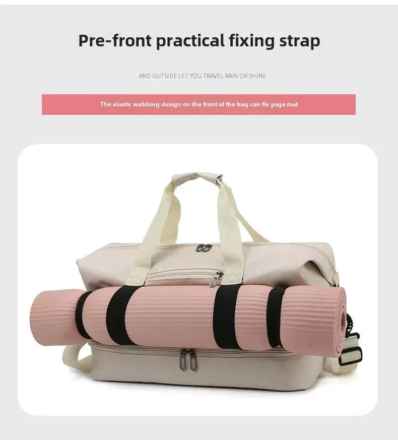 Expandable travel duffle bag with pink yoga mat strapped to a beige bag