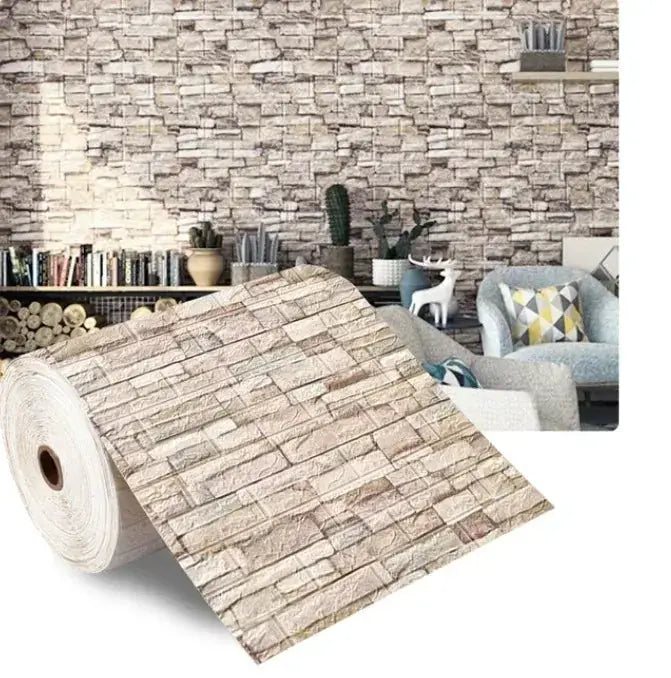 3D self-adhesive brick wallpaper roll by Simples Market for waterproof living room and bedroom decor.