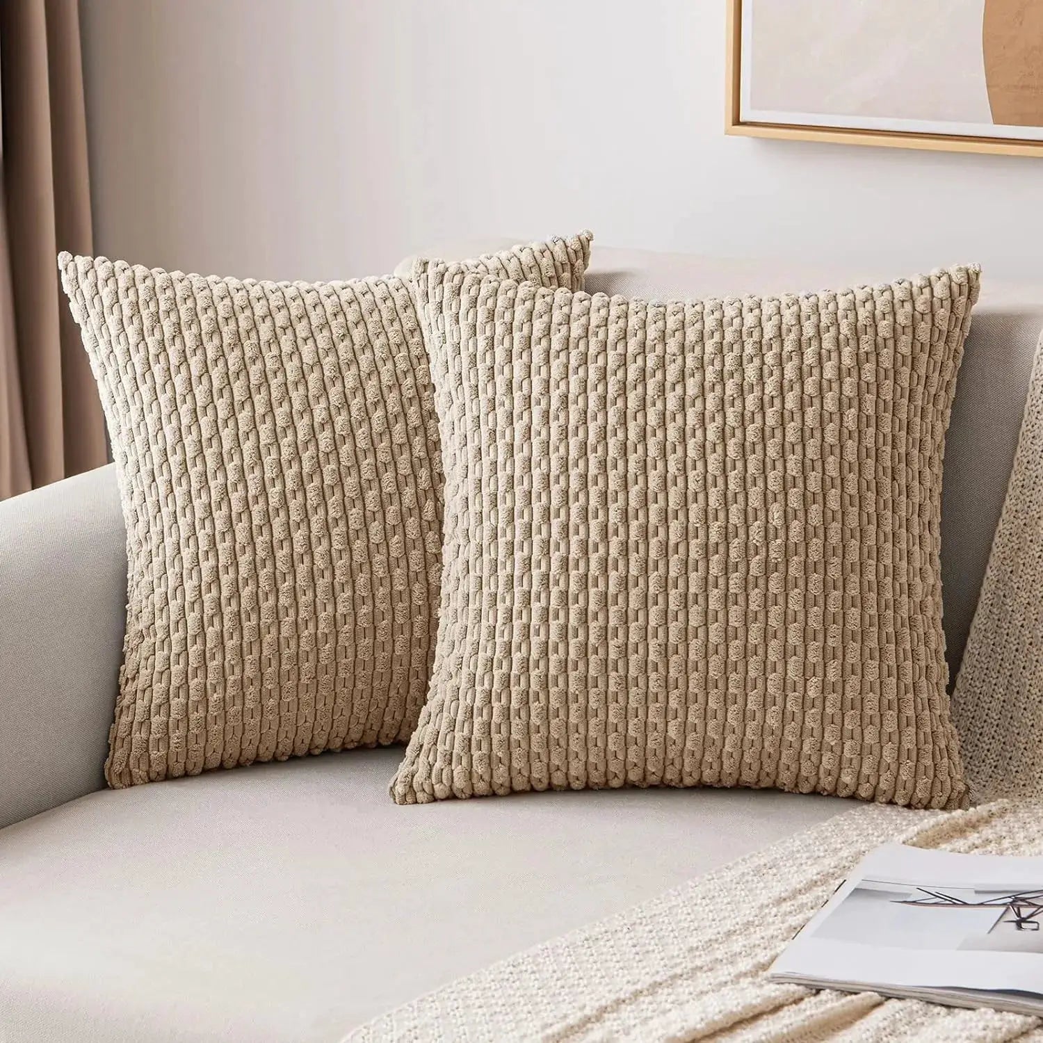 Corduroy striped square throw pillow covers in beige, 20x20 inches, set of 2