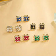 Flower-shaped CZ stud earrings, 18K gold-plated, set of 9 pairs in blue, white, black, pink, red and green