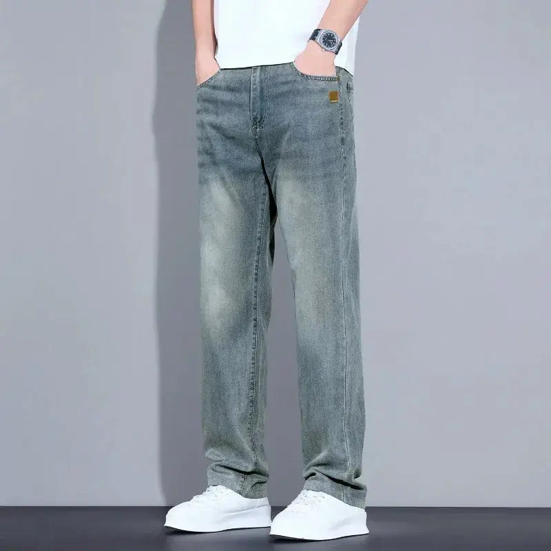 Lyocell Ice Silk jeans for men by Simples Market in light gray washed denim, straight-leg casual trousers