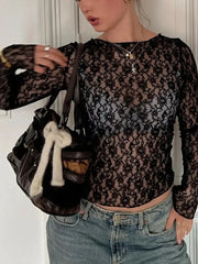 Mooyufon See Through Lace Crop Top Long Sleeves Bodycon T Shirt For Women Party Club Autumn Winter Clothes