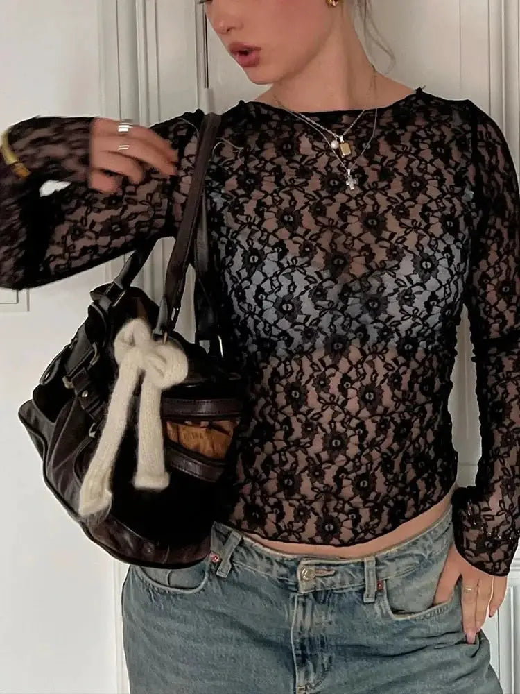 Mooyufon See Through Lace Crop Top Long Sleeves Bodycon T Shirt For Women Party Club Autumn Winter Clothes