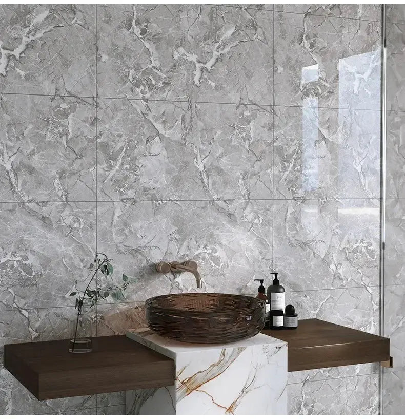 Self-adhesive grey marble tile wallpaper for kitchen and bathroom walls, waterproof 30x30cm panels