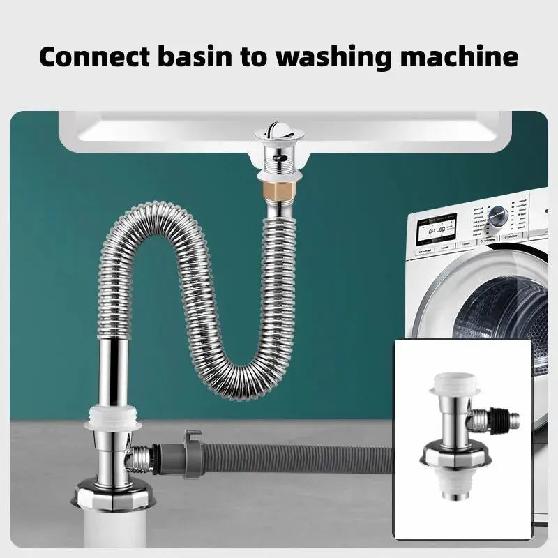 Washing machine drain hose connector with flexible stainless-steel coil and brass fittings by Simples Market